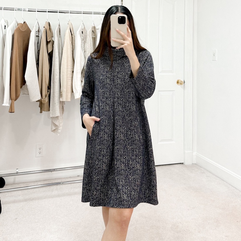Tyler Boe Kim Cowl Neck Dress in Navy Blue Herringbone